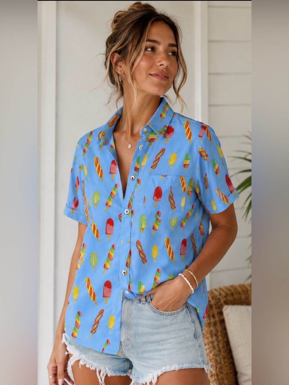 Cove Blue Short-Sleeve Button-Down Shirt with Popsicle Print